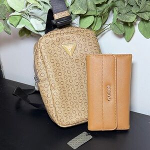Guess Brown Monogram Crossbody Bag and Wallet Bundle